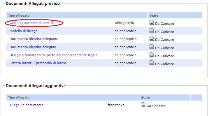 Cliccando sul link Allegati, il sistema riporta in automatico all elenco degli allegati eventualmente previsti da caricare a sistema come riportato in figura 37.