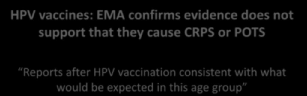 EMA assessment 12 January 2016 HPV vaccines: EMA confirms evidence does not support that they cause CRPS or POTS Reports after HPV vaccination consistent with what would
