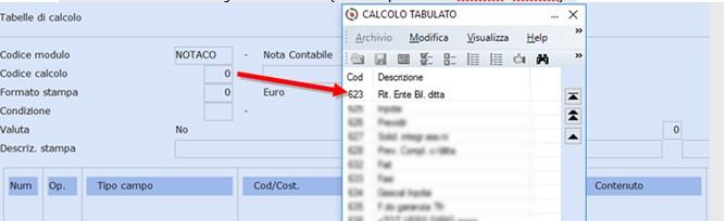 tabelle di calcolo": Sul modulo NOTACO digitare il tasto funzione "F2-Help di campo" e richiamare la tabella di