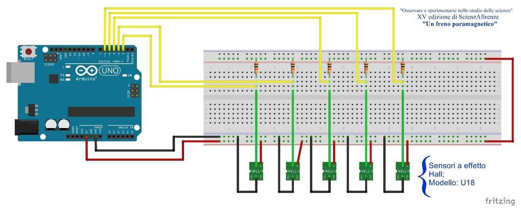 Lo sketch utilizza dieci porte digitali, da 0 a 9, definite di INPUT_PULLUP per evitare l utilizzo delle resistenze di pullup che sarebbero state necessarie per ogni sensore di Hall, riducendo così