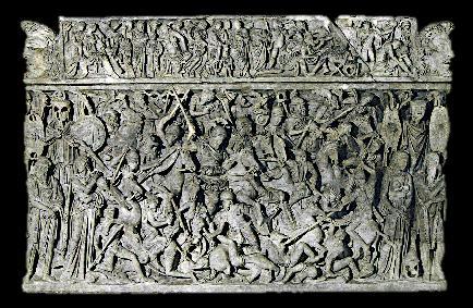 Sarcofago del Portonaccio Raffigurazione di scontro tra Romani e barbari (I sec.olo d.c.), marmo bianco a grana media.