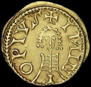 Moneta del re visigoto Sisebuto (612-621). I Visigoti lasciarono Roma carichi di bottino e tentarono di passare in Africa, il granaio dell'impero, per poi impadronirsi dell'italia.