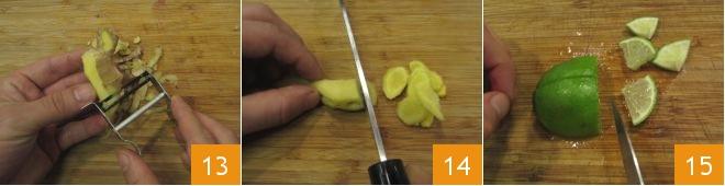 Pelate lo zenzero con il pelaverdure (13) e tagliate anch esso a fettine sottili (14).
