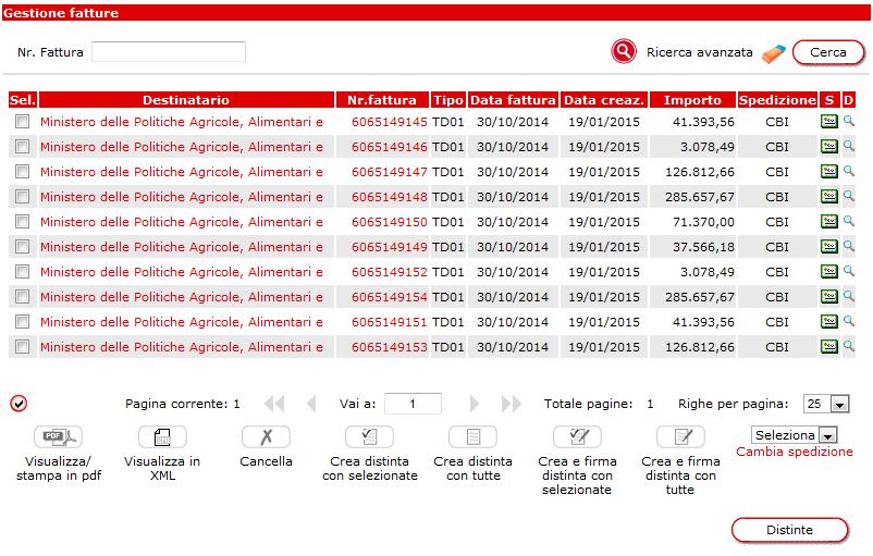 GESTIONE FATTURE e DISTINTE La pagina di Gestione mostra tutte le fatture generate, sia provenienti dal data entry che caricate a seguito dell importazione di un flusso, pronte per essere