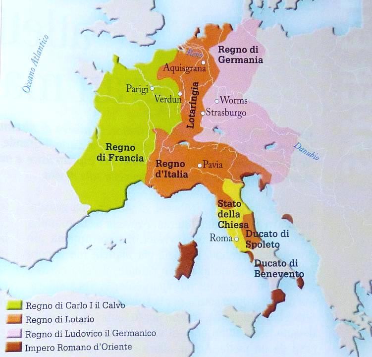 Pag. 129 L Impero dopo il Trattato di Verdun: divisione equa che corrisponde a 3 nuclei nazionali