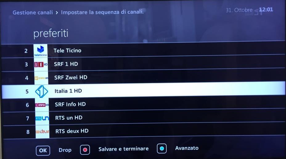 Riordinare la numerazione dei canali selezionando il canale con il tasto «OK» e spostarlo sul numero del canale desiderato (partendo dal numero 1 in