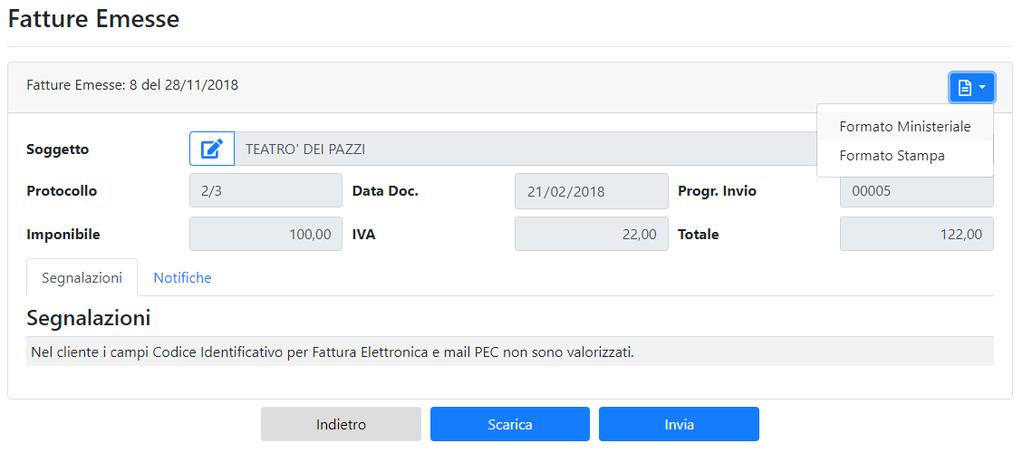 All interno della scheda fattura vengono mostrati i dati riepilogativi del documento. In alto a destra il bottone dà la possibilità di stampare il file in diversi formati.