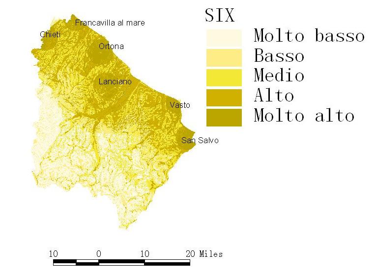 Carta dell indice SIX Valori più elevati del SIX: Zona costiera Capoluogo di Provincia Valli dei fiumi principali fascia costiera sistema metropolitano rete urbana intermedia prevalenza longitudinale