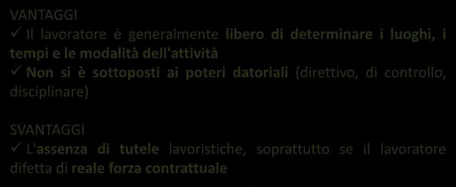 Il contratto di lavoro autonomo VANTAGGI Il lavoratore è generalmente libero di determinare i luoghi, i tempi e le modalità dell'attività Non si è sottoposti ai