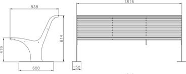 Seduta e schienale realizzati da 31 tubolari di acciaio Ø16 mm e 2 tubolari Ø30, saldati a due supporti laterali e 2 supporti centrali sagomati sp.5mm.