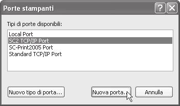 MODIFICA DELLA PORTA 4 Selezionare [SC TCP/IP Port], quindi fare clic sul pulsante [Nuova porta]. 5 Creare la nuova porta. In Windows 98/Me, selezionare [Altro], [SC TCP/IP Port], il pulsante [OK].