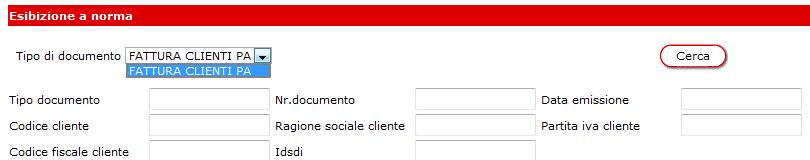 Cliccando sul bottone appare come di seguito: viene mostrata la pagina di ricerca dei documenti, che Nella lista Tipo di documento vengono riportati tutti i tipi di documento che il cliente ha