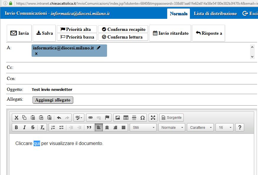 fig.11 3) Definizione delle specifiche di spedizione: Dopo aver inserito i destinatari l oggetto e il testo, prima di effettuare l invio, cliccando sugli appositi tasti che compaiono nella testata