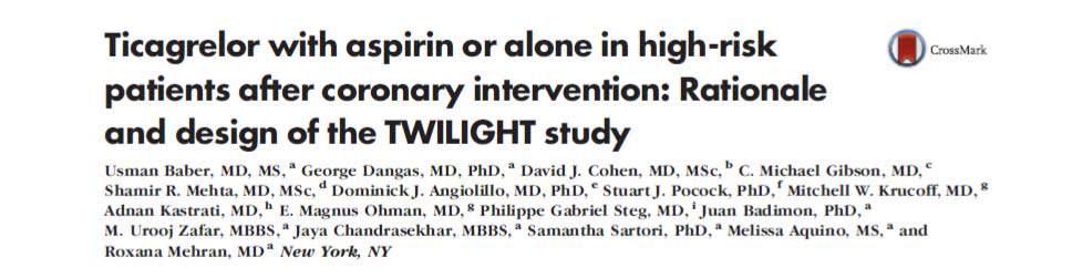 L'obiettivo primario di TWILIGHT è quello di determinare l'impatto della monoterapia antiaggregante con ticagrelor da solo contro il DAPT con ticagrelor più aspirina per 12 mesi per ridurre