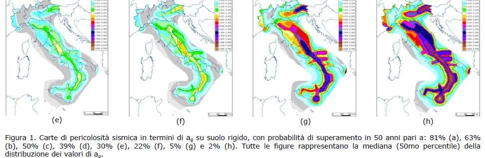 superamento in 50 anni pari a: 81%, 63%, 50%, 39%, 30%, 22%, 5% e 2% rispettivamente corrispondenti a periodi di ritorno di 30, 50, 72, 100,