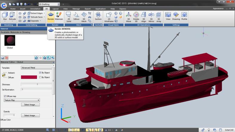 Rendering Il rendering di GstarCAD produce un immagine fotorealistica di un modello solido o di una superficie 3D, garantendo così un ottimo impatto visi.