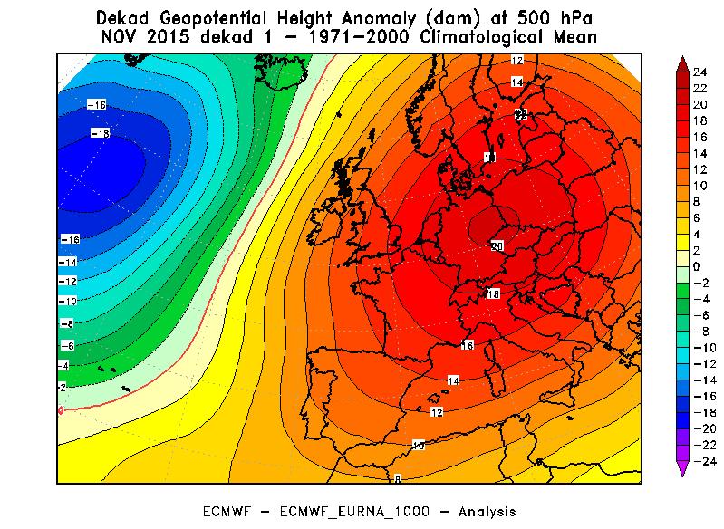 Il mese di Novembre 2015 è stato caratterizzato da un ampia anomalia barica positiva sull Europa occidentale (Figura 4), causata dall espansione di un area di alta pressione di matrice atlantica, con