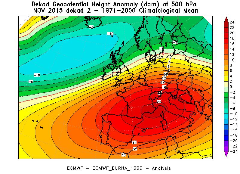 Figura 5 Anomalia dell altezza di geopotenziale a 500 hpa nella prima (sinistra) e seconda (destra) decade del mese di Novembre 2015 rispetto alla climatologia del periodo 1971-2000.