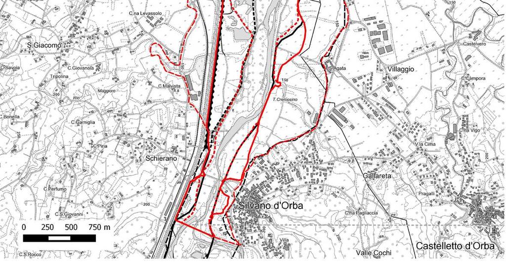 Limiti fasce fluviali vigenti (nero) e proposte (rosso) tra Silvano d Orba e la confluenza del rio secco (in sinistra idrografica - deflussi verso l alto). 2.