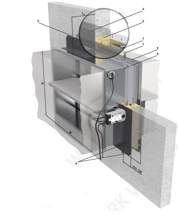 Legenda: 1. Staffa di sospensione pieghevole 2. Riempimento con lana minerale (min. 150 kg/m³) 3. Vite 5.5 DIN 7981 4. Strato di mastice resistente al fuoco, spessore minimo 2 mm 5.