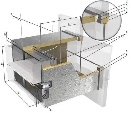 Legenda: 1. Barra filettata M10 2. Profilo a U 3. Lana minerale (66 kg/m³) 4. Strato di mastice resistente al fuoco, spessore minimo 2 mm 5. Strato di colla resistente al fuoco 6.