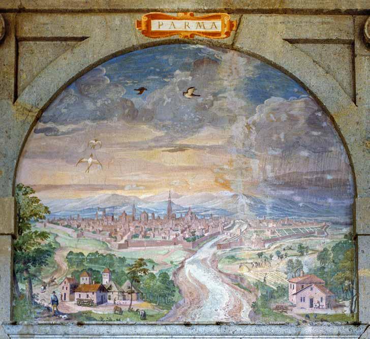 Caprarola, palazzo Farnese, Sala d Ercole, sovraporta con veduta di Parma affrescata