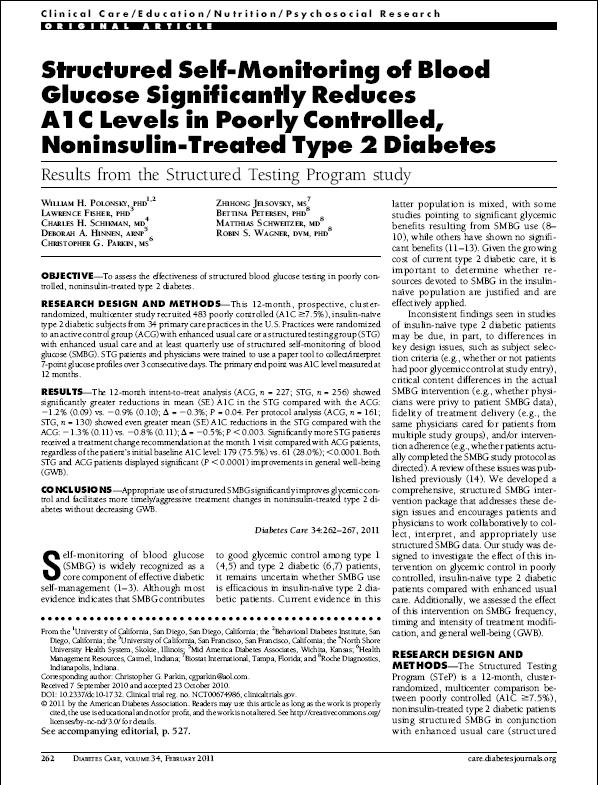 L autocontrollo strutturato riduce significativamente i livelli di HbA1c nei pazienti con diabete di tipo 2 scarsamente