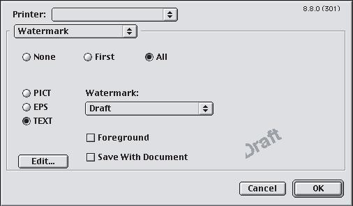 MAC OS 9 Le figure riportate in questa sezione sono relative al driver PostScript di Adobe. Le filigrane non vengono fornite nel driver LaserWriter di Apple. 1.