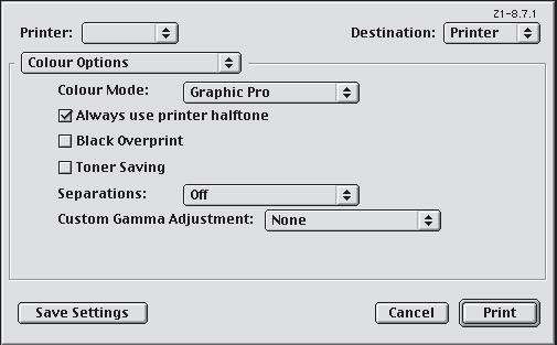 MAC OS 9 1. Scegliere [Archivio] [Stampa]. 2. Dal menu [Stampante] (1), selezionare il modello della stampante. 3. Selezionare [Opzioni Colori] (2). 4.