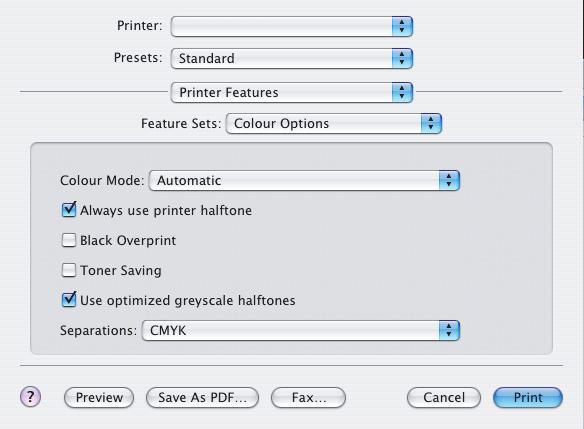 MAC OS X 1. Scegliere [Archivio] [Stampa]. 1 2 3 4 2. Dal menu della stampante (1), selezionare il modello della stampante. 3. Selezionare [Caratteristiche Stampante] (2).