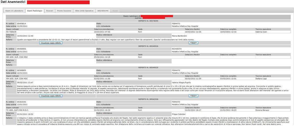 Passando al pannello Esami Radiologici, in questa sezione è possibile visualizzare gli esami radiologici cui il