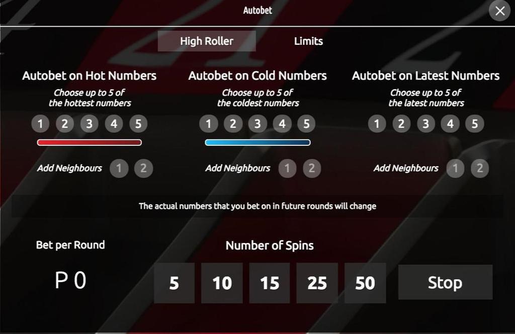 6.3 Puntate automatiche High Roller (disponibile solo su versione desktop) La funzione Autobet High Roller permette di piazzare automaticamente le Puntate sui numeri caldi, freddi o storici.
