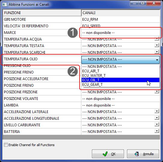 Apparirà il pannello mostrato sotto che permette di associare ad ogni funzione il corrispondente canale ECU.