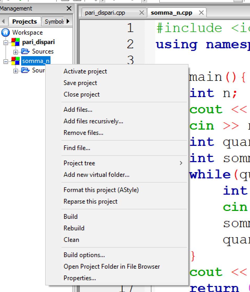 Per poter attivare il progetto che si vuole eseguire, basta cliccare con il tasto destro sul nome del progetto ( somma_n in questo caso), e cliccare su Activate project.