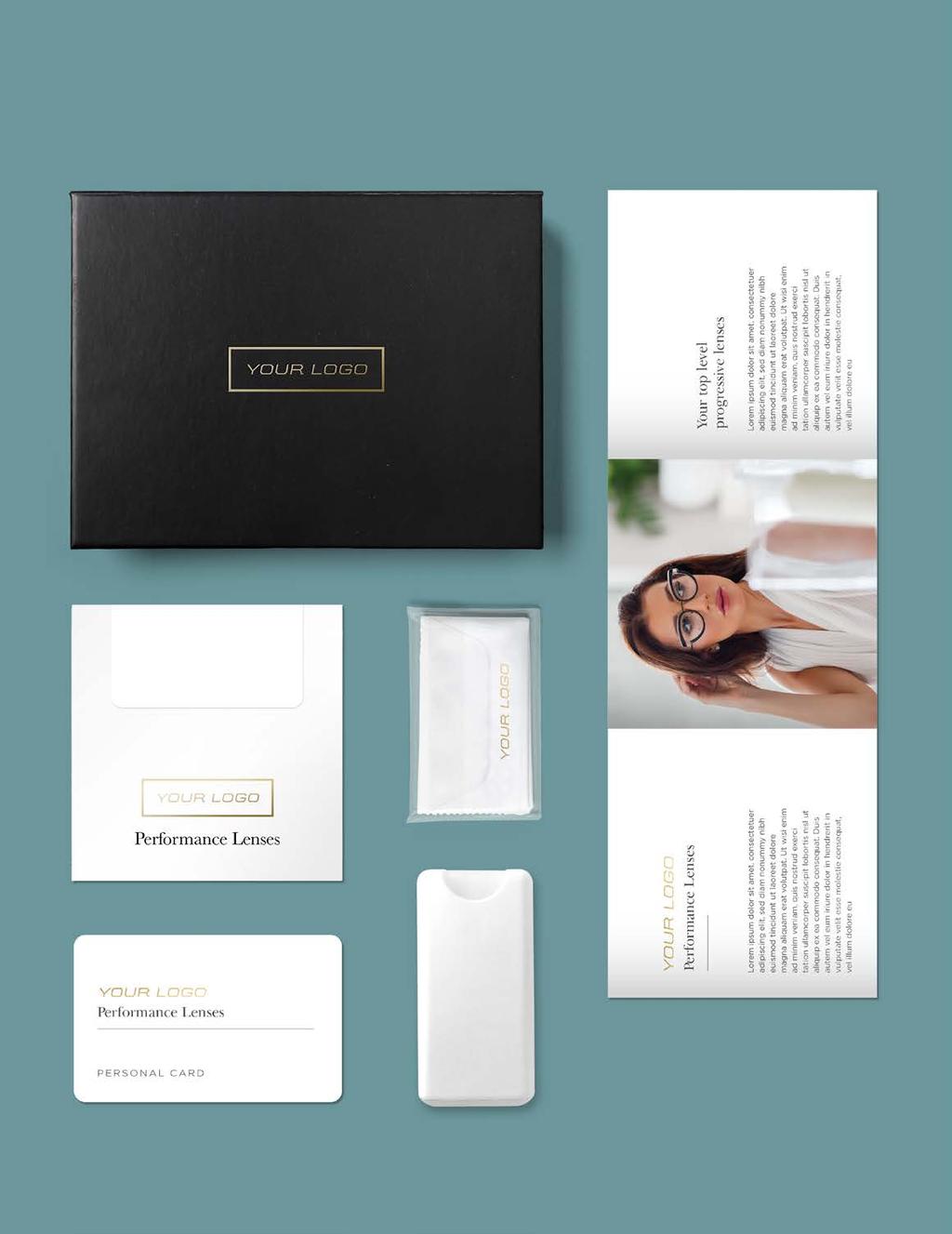 Kits Kit composition Customized box Coordinated envelope Coordinated card Customized cleaning cloth Presentation leaflet Customized cleaning spray Composizione