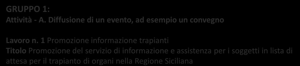 1 Promozione informazione trapianti Titolo Promozione del servizio