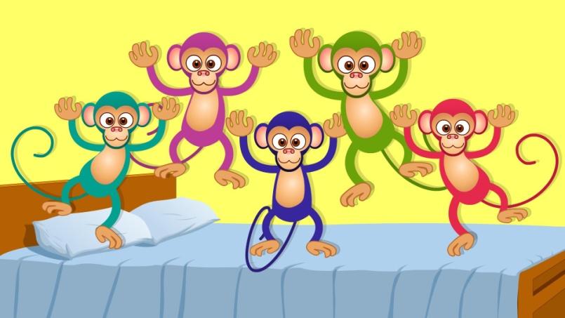 CINQUE SCIMMIETTE Cinque scimmiette saltavano sul letto una cadde giù Quattro scimmiette saltavano sul letto una cadde giù Tre