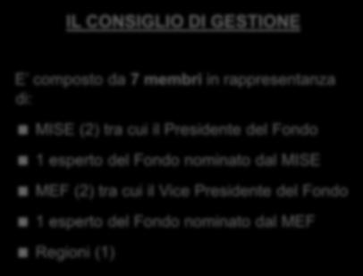 La Governance L amministrazione del Fondo è affidata ad un Consiglio di gestione composto da rappresentanti delle Amministrazioni Centrali e Locali.