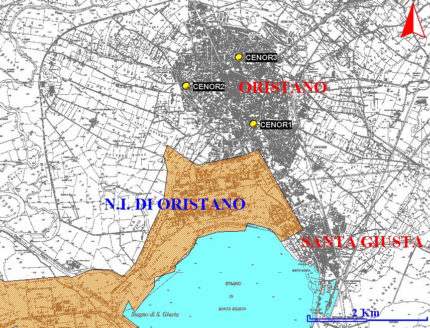 Fig. 4 - Dislocazione delle stazioni di Oristano L attuale dotazione strumentale della rete di monitoraggio della provincia di Oristano è riassunta nella tabella seguente; la codifica è la stessa