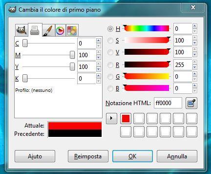 dalla mescolanza di giallo e magenta. Sotto, tratto dal programma GIMP 2.