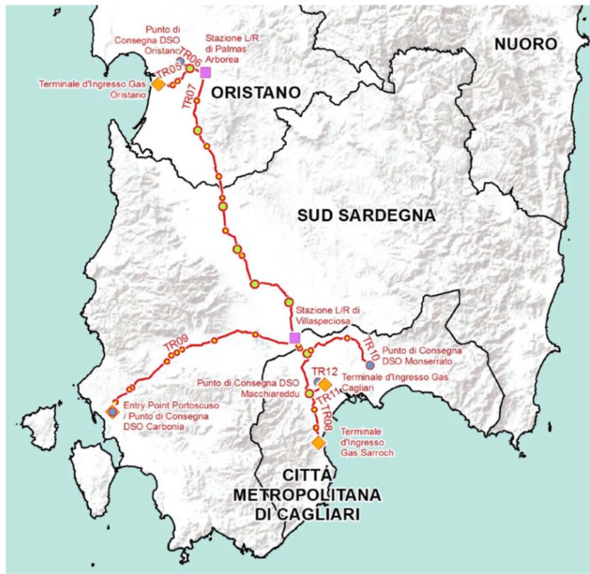 Il progetto presentato prevede la realizzazione dei metanodotti nazionali Sarroch-Oristano e Cagliari-Sulcis di 1a specie DN 400 (Ø 16 ) con pressione di progetto (DP) pari a 75