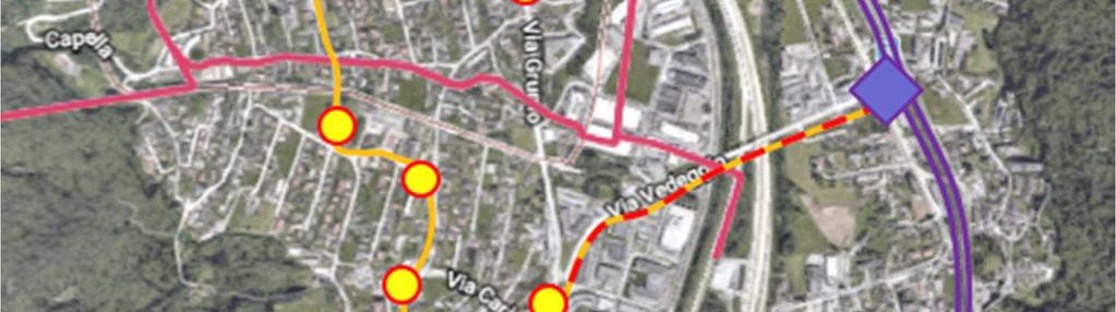 B: Linea FFS (viola), linea tram-treno (rosso) e linee bus (gialle) servono in modo capillare il Medio Vedeggio (rosa: confini comunali) A seguito degli