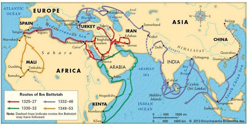 Ibn Battuta nasce a Tangeri, in Marocco, nel 1304 ed esplora l Africa e l Asia. Per compiere questo viaggio che dura trenta (30) anni, Ibn Battuta usa il cavallo, il dromedario e molti tipi di barche.