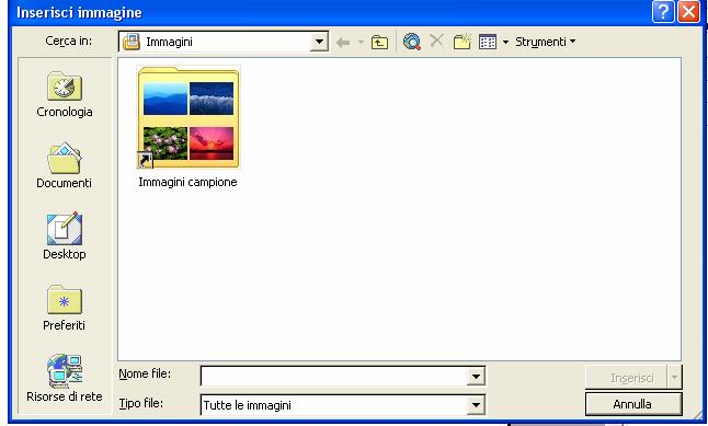 desiderata Inserisci>Immagine>Da file Nella finestra di dialogo navigare nelle cartelle per cercare l immagine da inserire;