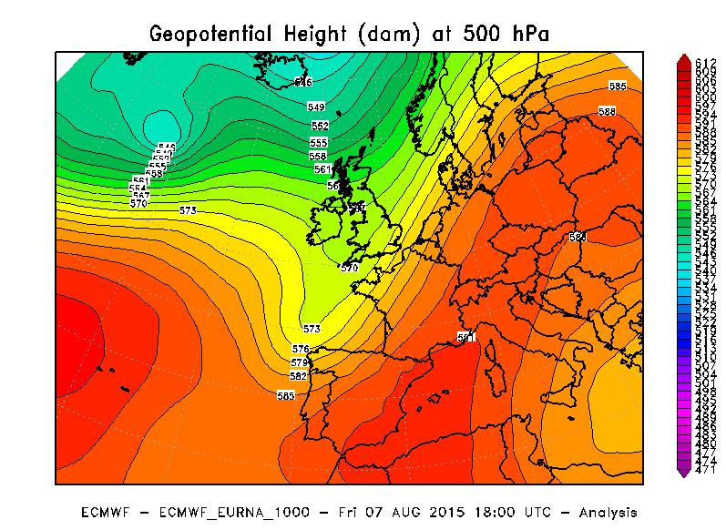 Figura 2 Altezza di geopotenziale a 500 hpa alle ore 18 UTC del 7 Agosto 2015. Elaborazione Arpa Piemonte su dati ECMWF.