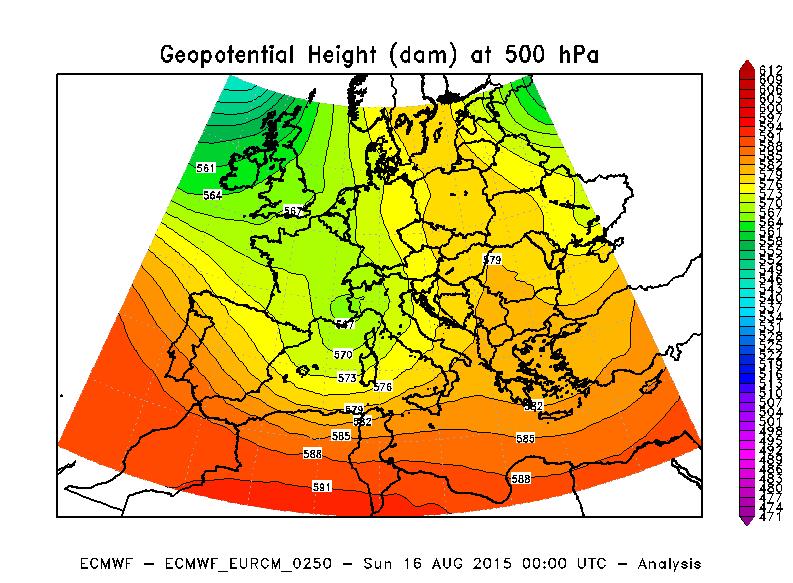 Figura 5 Altezza di geopotenziale a 500 hpa alle ore 00 UTC del 16 Agosto 2015. Elaborazione Arpa Piemonte su dati ECMWF.