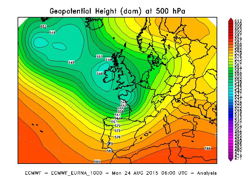 Figura 6 Altezza di geopotenziale a 500 hpa alle ore 06 UTC del 24 Agosto 2015. Elaborazione Arpa Piemonte su dati ECMWF.