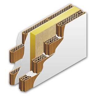 Pannelli Rockwool 225, lana di roccia spessore cm 10, densità 70 kg/m3, a completo riempimento dell'intercapedine.