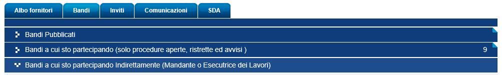 LINEE GUIDA PER OPERATORI 7 Bandi La scheda Bandi è composta da tre sezioni: In Bandi Pubblicati confluiscono tutte le procedure di gara ad evidenza pubblica; In Bandi a cui sto partecipando (solo