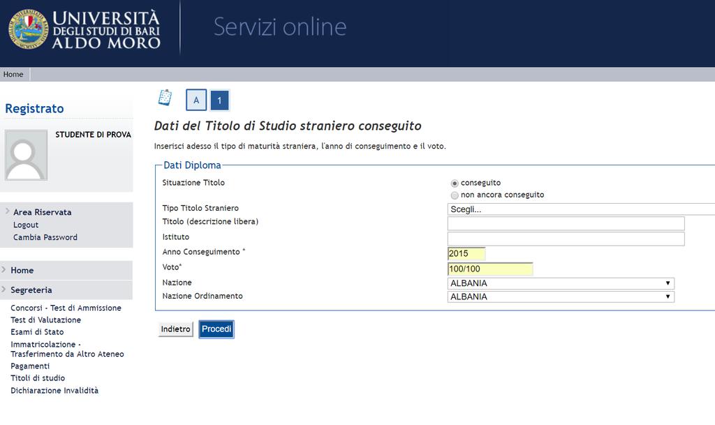 18. Inserire i dati sul diploma di scuola superiore.